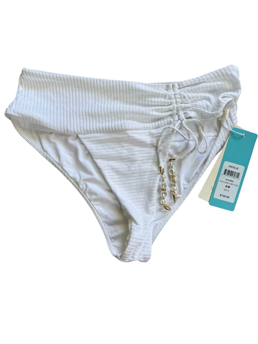 Beach Bunny Natalia White Ribbed high waist Bikini Bottom with Charm